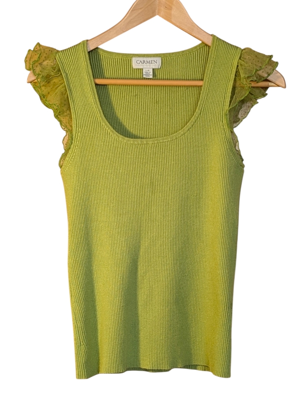 Carmen Lime Green Ribbed Tank Ruffle Lace Sleeves L Fairy Forest Cottagecore
